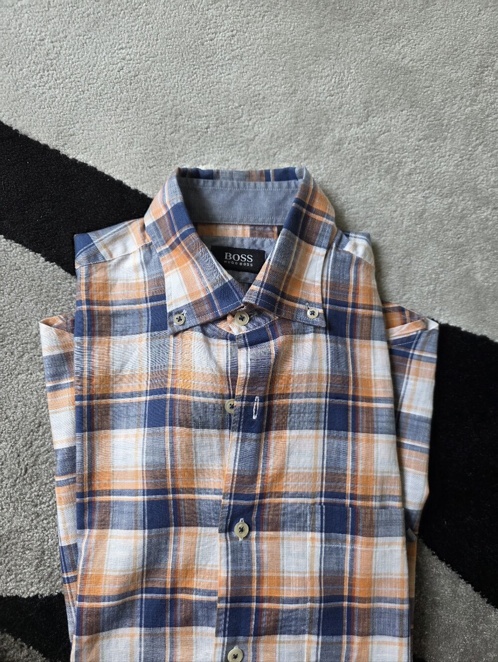 BOSS Blue and Orange Plaid Button-Down Shirt (Size medium)